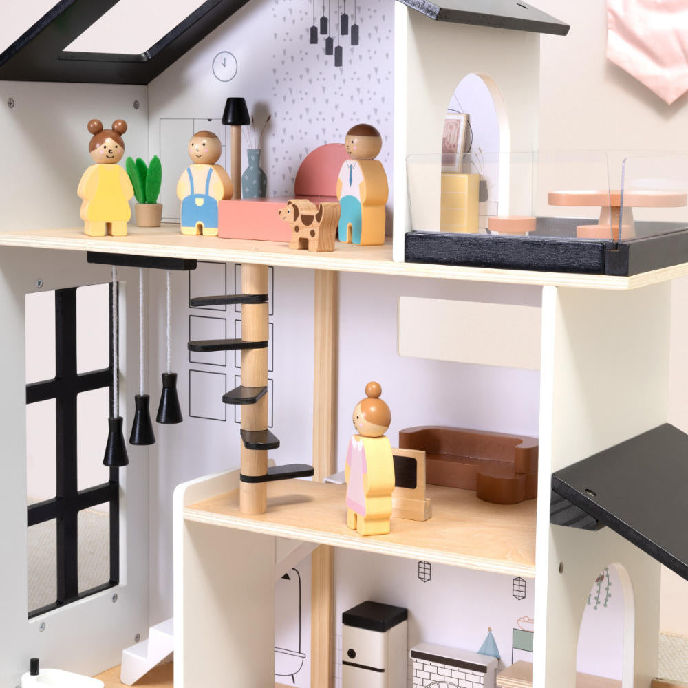 TookyToy - Wooden Dollhouse Toy Set with Furniture and Accessories