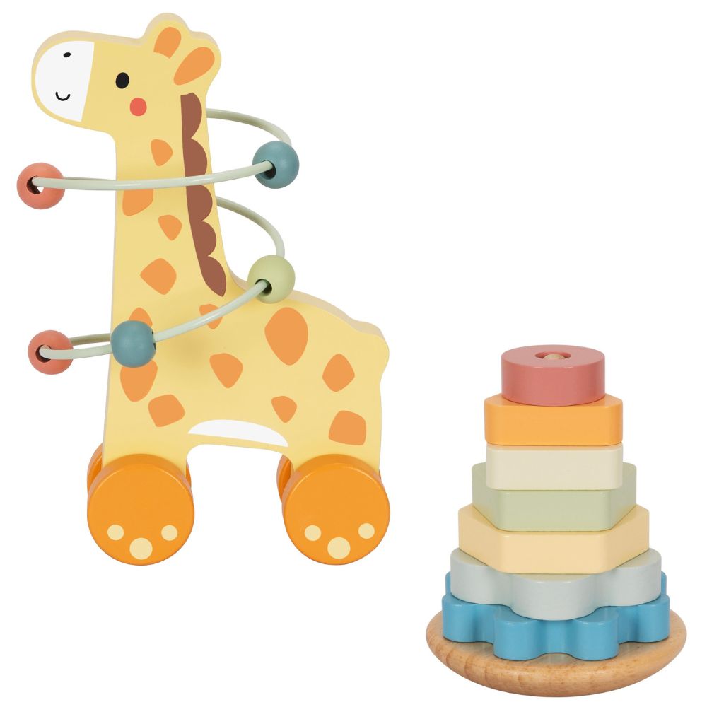 TookyToy - 3-in-1 Wooden Gift Set - Giraffe Pull-Along, Stacking Tower and Shape Sorter